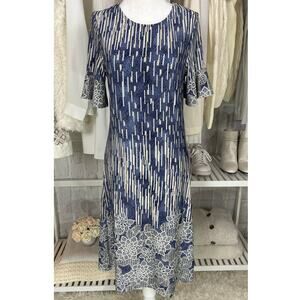Ellen Weaver Women's Size S Blue & Cream Graphic Floral Shift Dress #0422